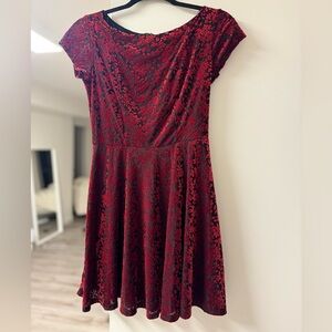 FOREVER 21 - Red Velvet Flower Print Dress - Mini Fit And Flare Dress